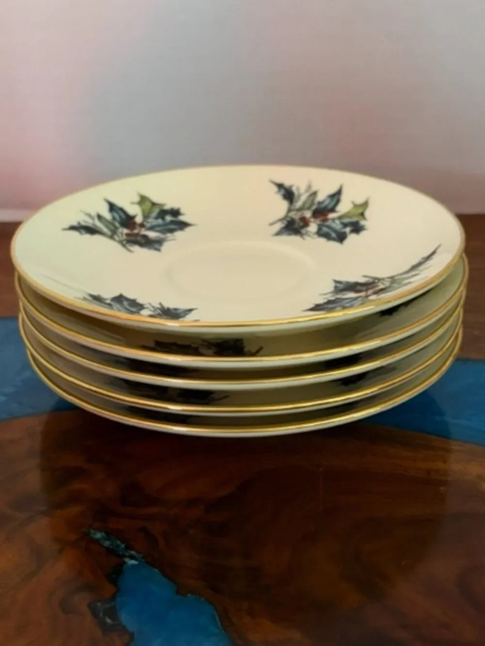 Set of 6 Vintage 1995 Lenox Winter Greetings Saucers Holly & Berries w Gold Trim